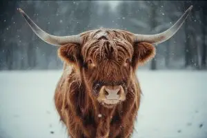 Vache Highland observée au Parc Safari en hiver, avec son pelage épais et ses longues cornes