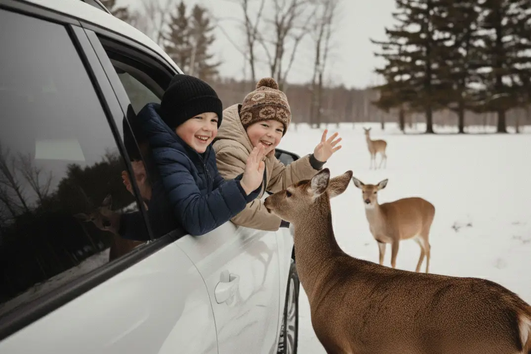 Enfants souriants dans une voiture lors du Safari Aventure en hiver