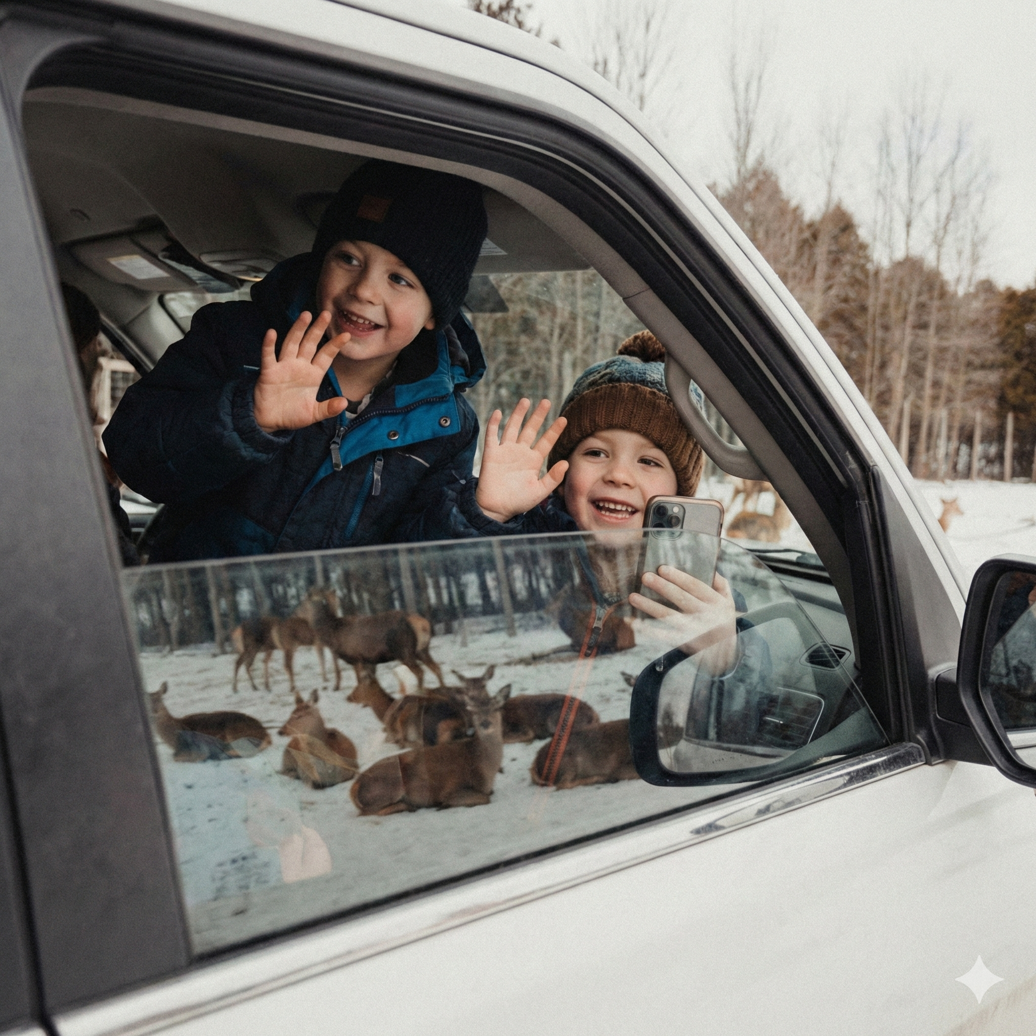 Enfants souriants observant des animaux sauvages depuis la fenêtre d’une voiture lors d’un safari d’hiver au Parc Safari.