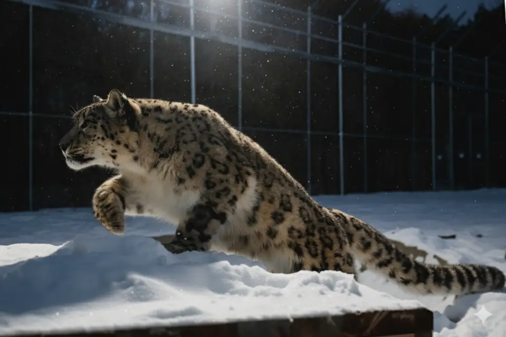 Panthère des neiges marchant dans la neige la nuit à Parc Safari au Québec