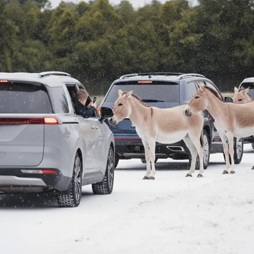 Enfant prenant une photo de cheval de Przewalski lors d’une aventure safari en famille à Parc Safari