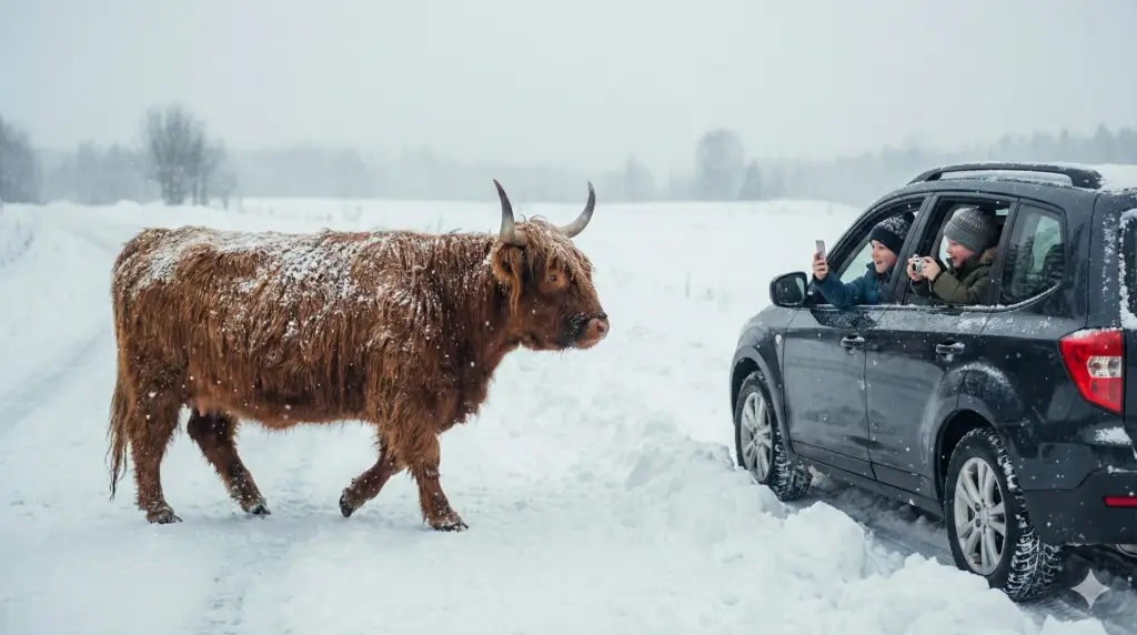 Des enfants prennent des photos d’une vache Highland depuis leur voiture lors d’un safari hivernal en famille à Parc Safari.