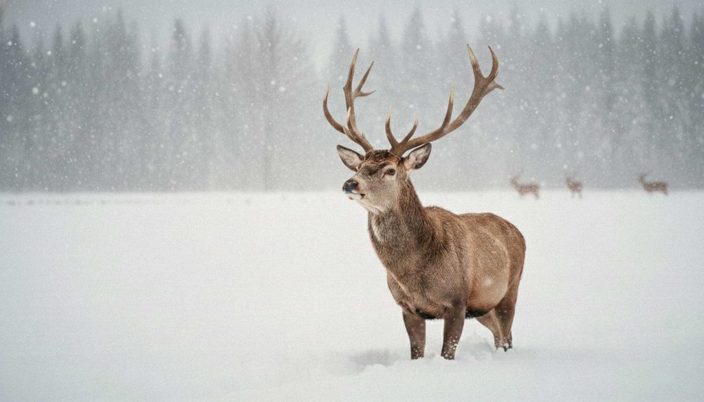 Cerf majestueux debout dans la neige en hiver au Parc Safari, avec ses grands bois, dans un paysage naturel enneigé.