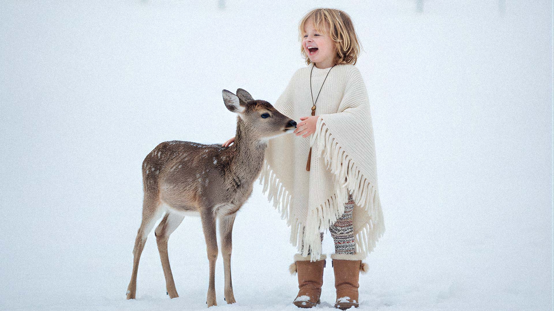 Enfant nourrissant un daim dans la Vallée des daims en hiver, expérience familiale au Parc Safari